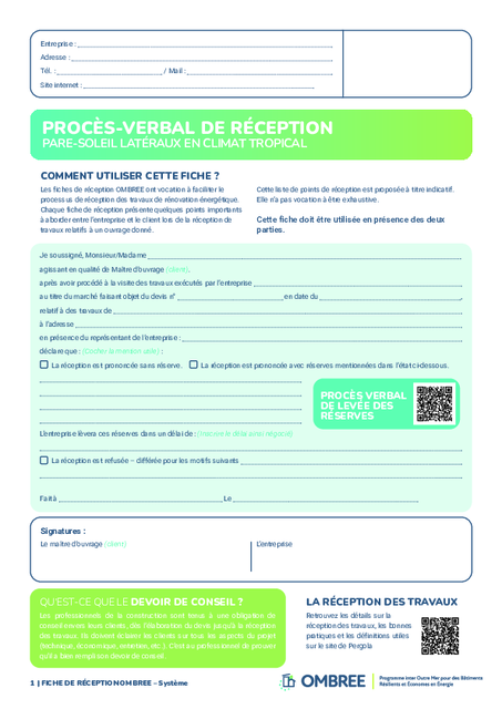 Procès verbal de réception pare soleil de type encadrement